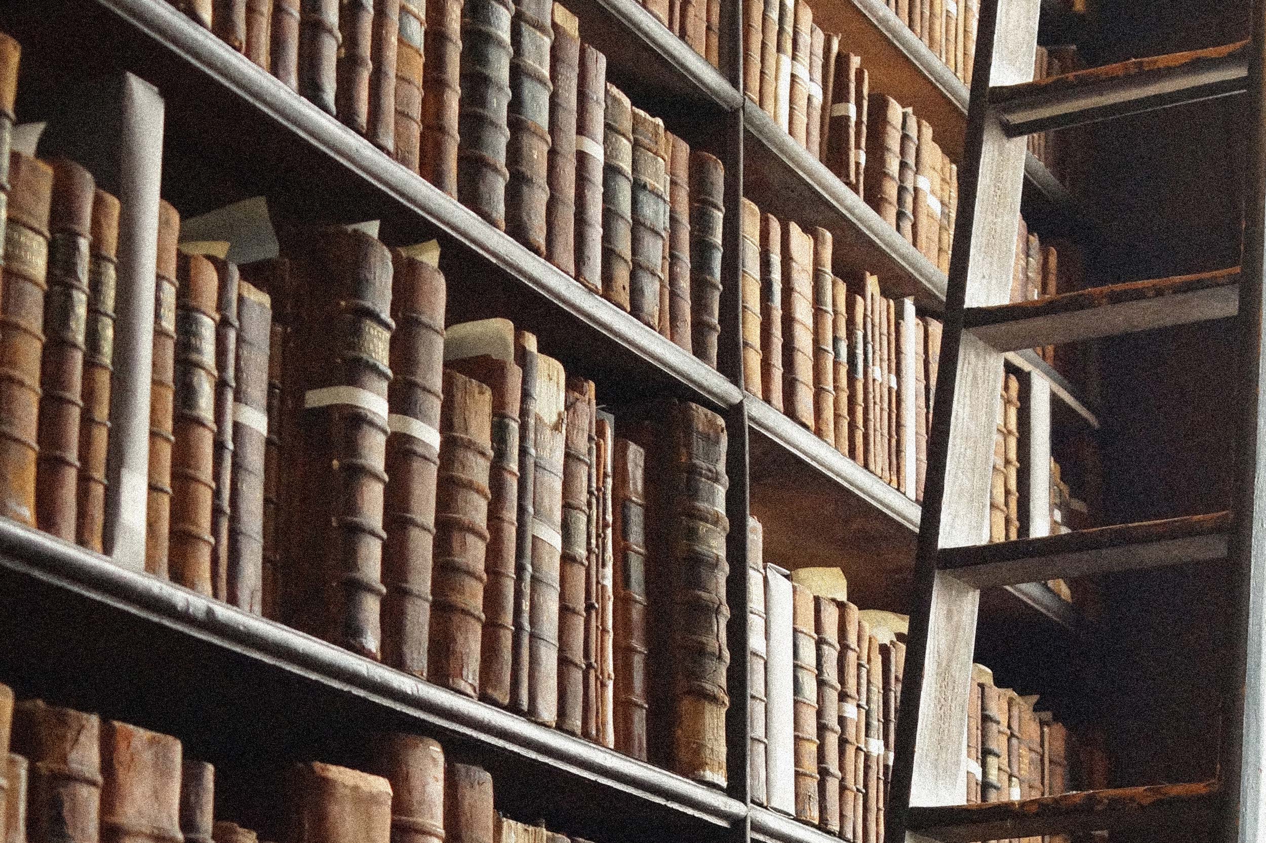 Großes Bücherregal mit vielen alten Büchern und einer Leiter rechts im Bild