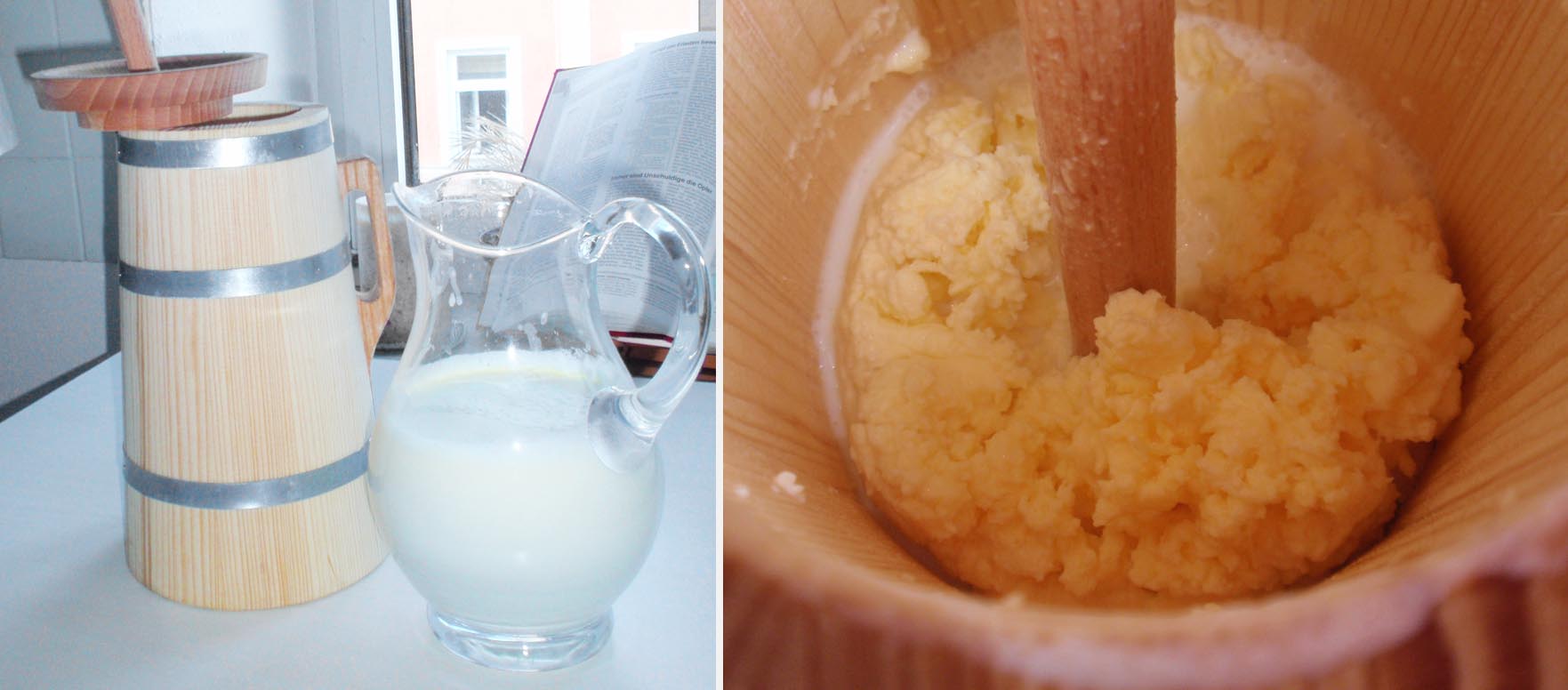 Sahnemilch mit Joghurt, Butter im Butterfass